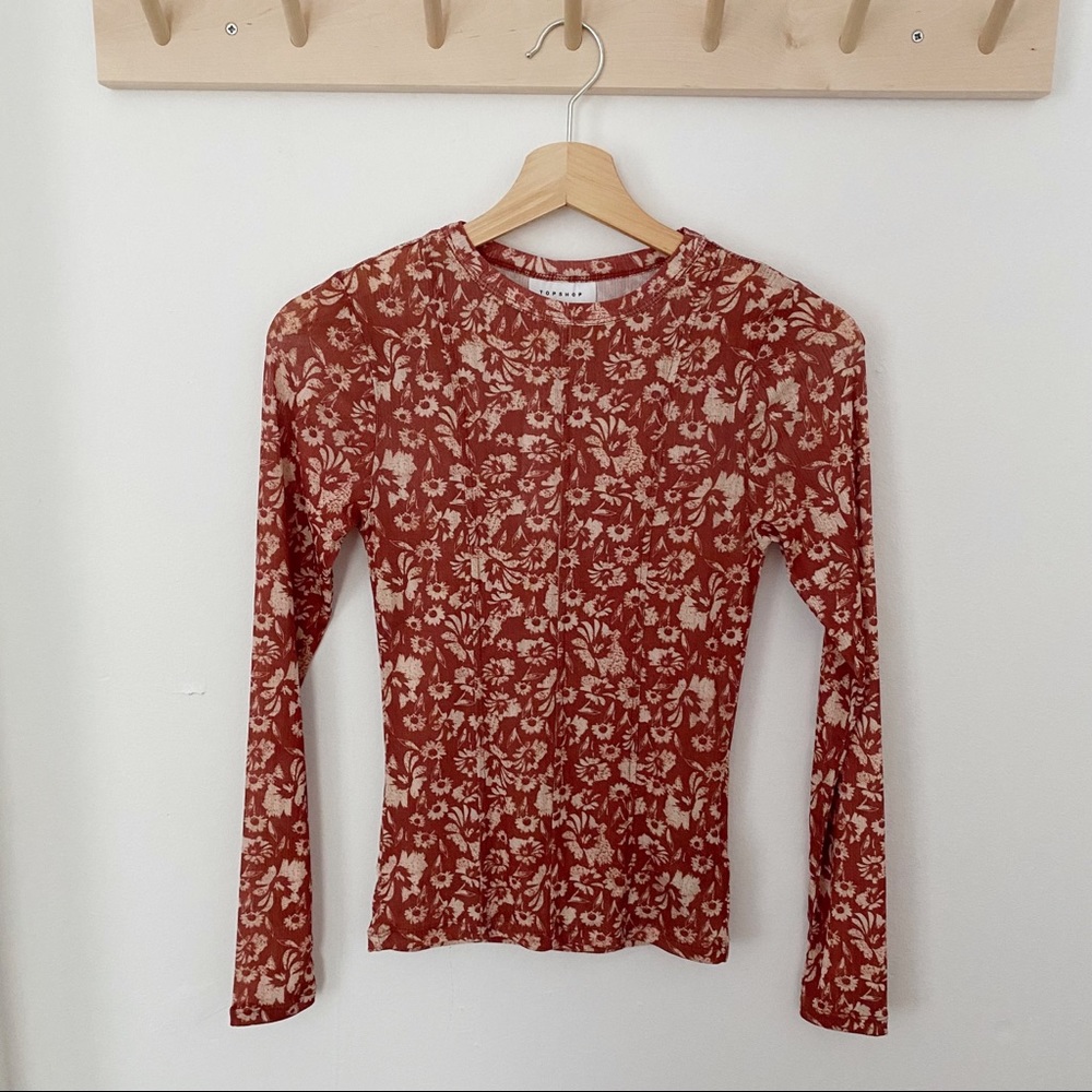 Topshop Fitted Floral Sheer Long-sleeve Top